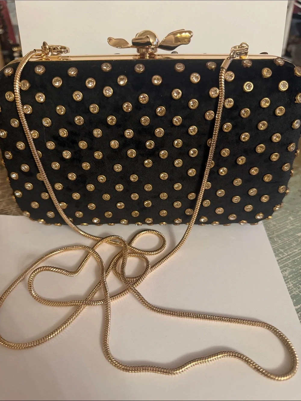 Black Velvet minaudière with crystals Evening Clutch flower top, NWOT gorgeous!